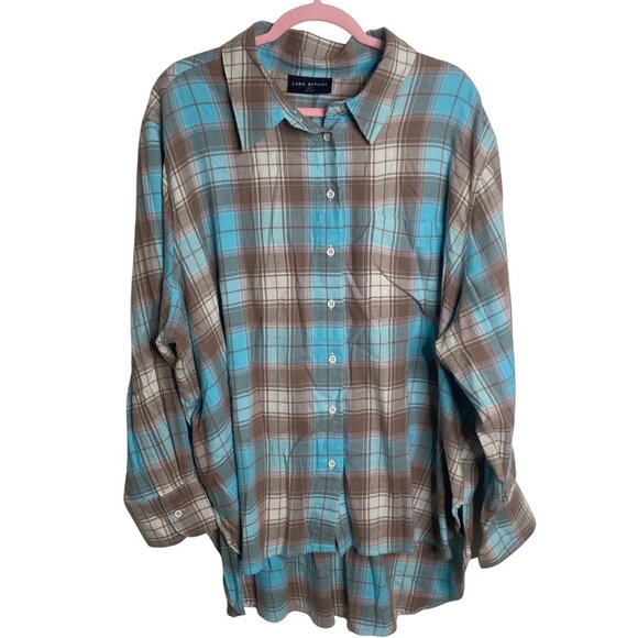 Lane Bryant Flannel Shirt Womens 22/24 Plaid BrownBlue Button Down Long Sleeves - Picture 1 of 9